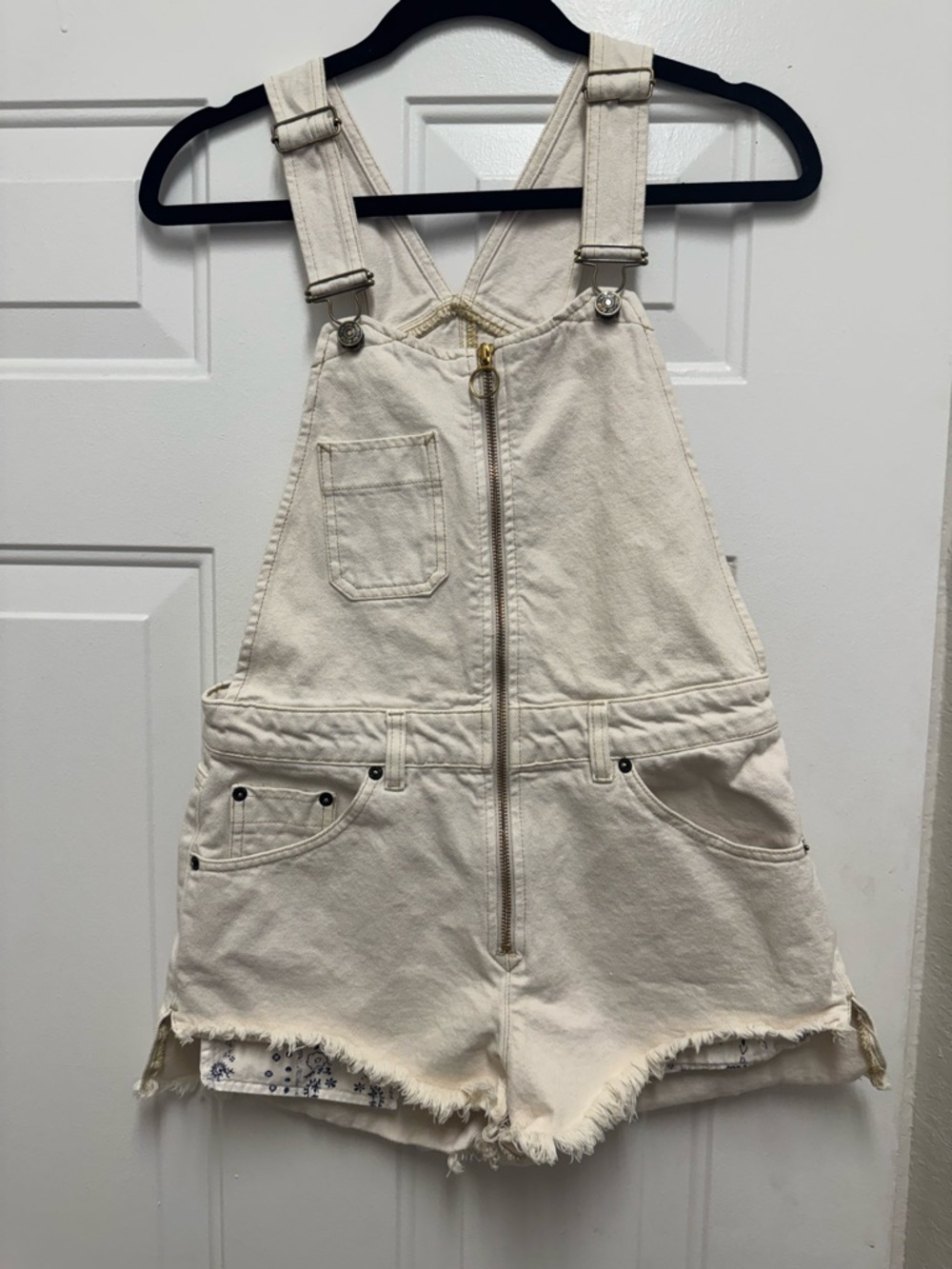 We The Free Cream Denim Overall Shorts